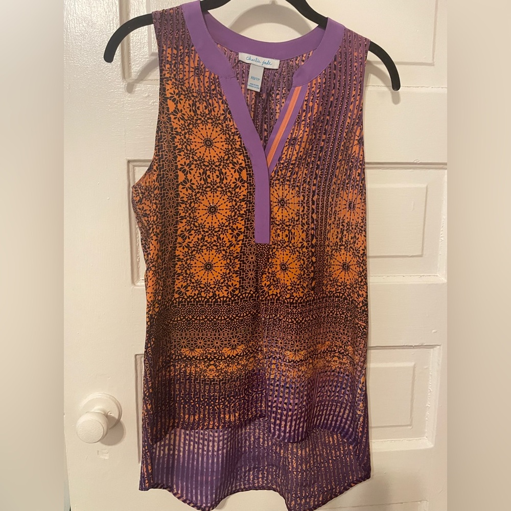 Sleeveless silk top- size XS- purple and orange